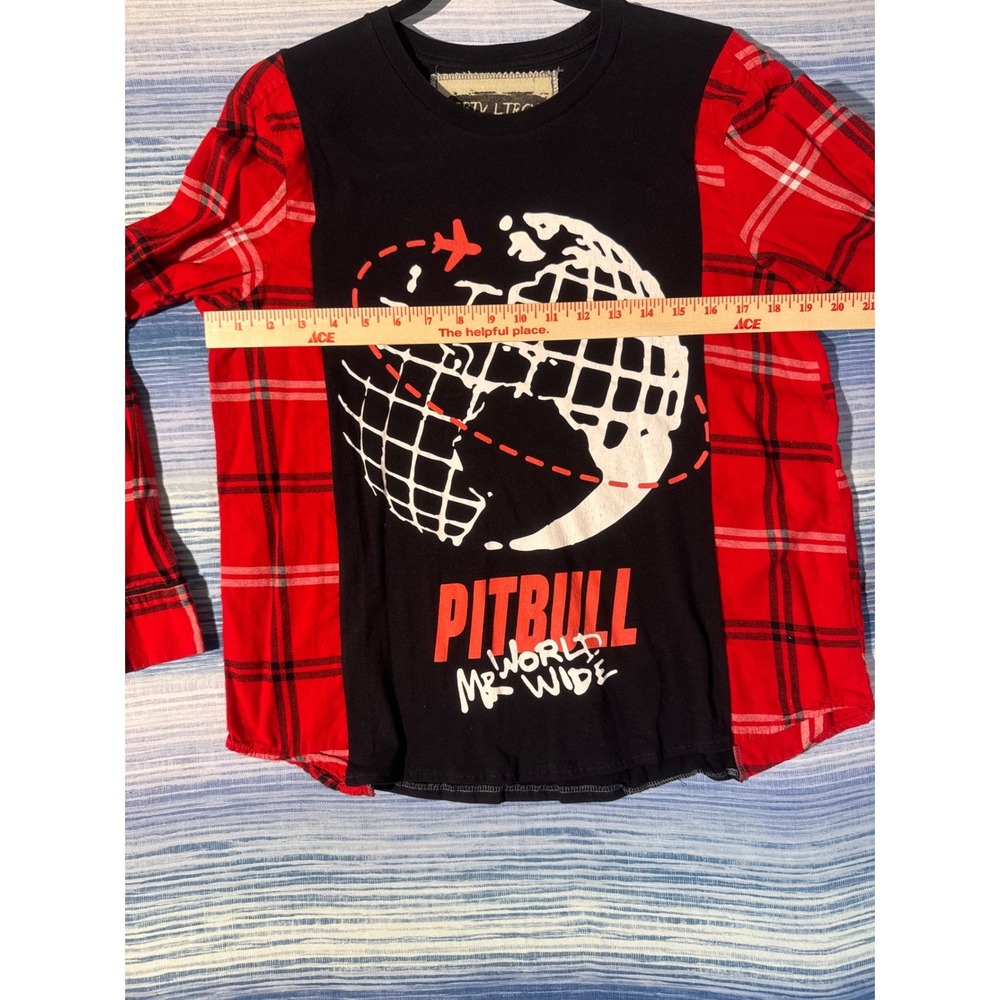 Upcycled Pitbull Mr World Wide Flannel Hybrid Tee Black Red Plaid Unisex Small - Picture 3 of 6